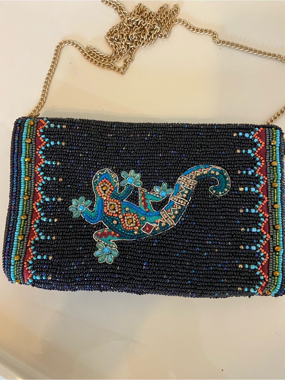 Mary Frances Beaded Gecko Lizard Crossbody Pouch Bag Turquoise Boho Southwestern